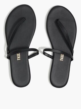 TKEES Sarit Thin Black Leather Flip Flops